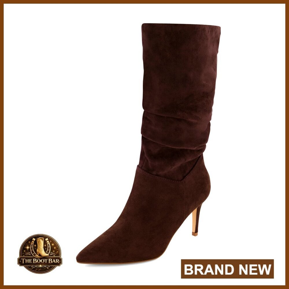 Vegan Suede Slouchy Mid-Calf Boots Pointed Toe Memory Foam 3-Inch Heel